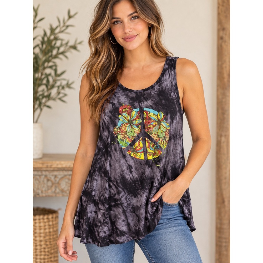Ron Jon Surf Shop Tie Dye Floral Peace Sign Tank Top Purple Black Medium